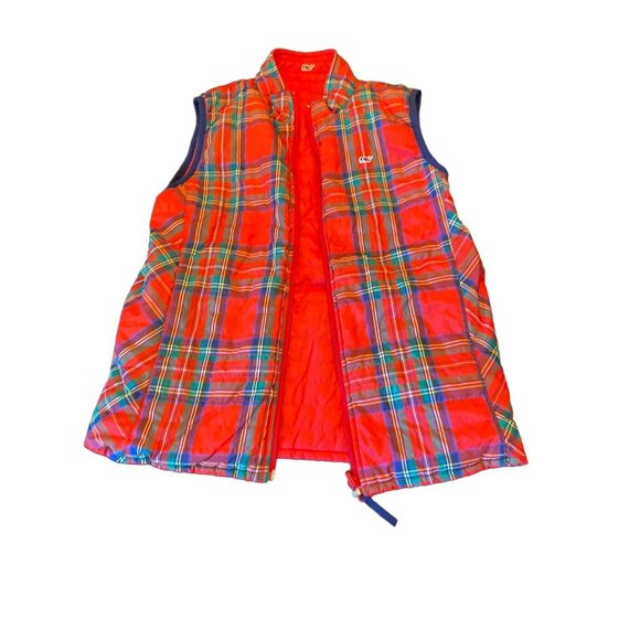 Vineyard Vines Red & Plaid Reversible Puffer Vest Girls L Nylon Polyester - Picture 4 of 5